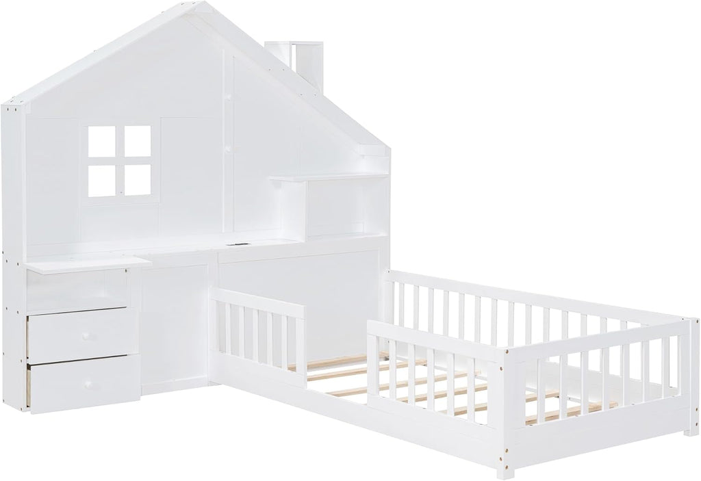 Harper & Bright Designs Twin Platform Bed with Window and Bedside Drawers, Wood Twin Size House Bed with Shelves, a Set of Sockets and USB Port, White
