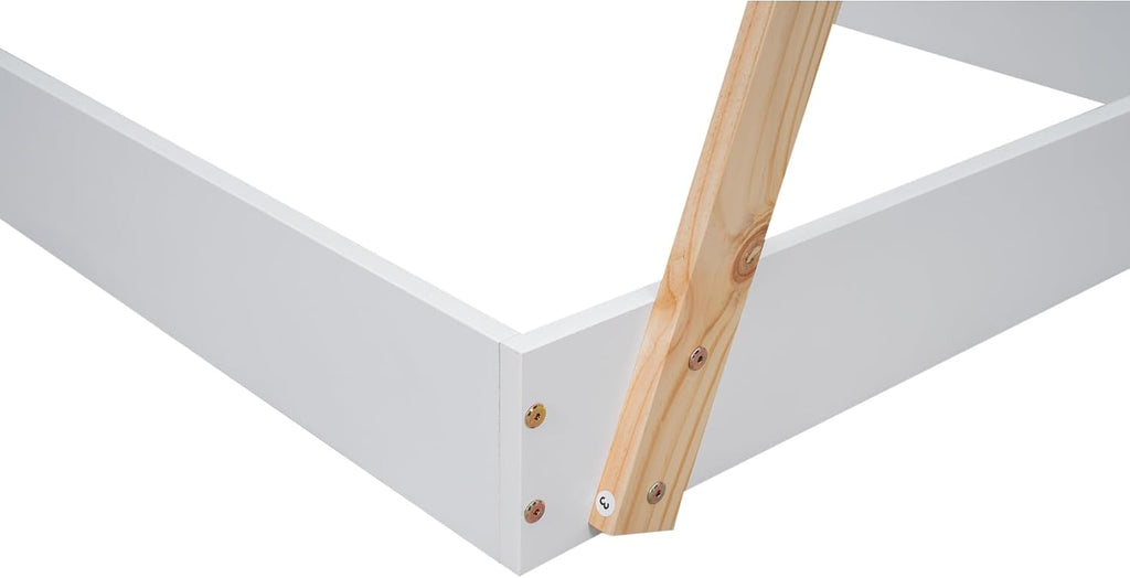 Twin Size Tent Floor Bed with Triangle Structure, Wood Floor Bed Frame, Twin Size Montessori Bed Playhouse House Platform Bed with X-Shaped Safety Railings for Kids Boys Girls (White+Natural & Twin)