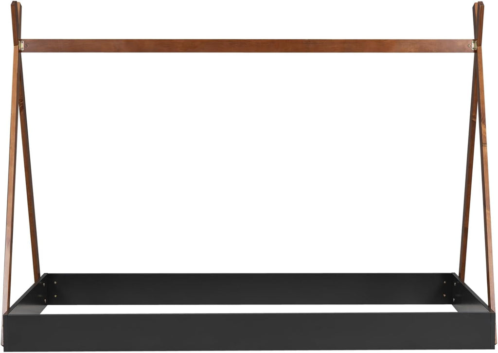 Twin Size Tent Floor Bed with Triangle Structure, Wood Floor Bed Frame, Twin Size Montessori Bed Playhouse House Platform Bed with X-Shaped Safety Railings for Kids Boys Girls (Black+Brown & Twin)