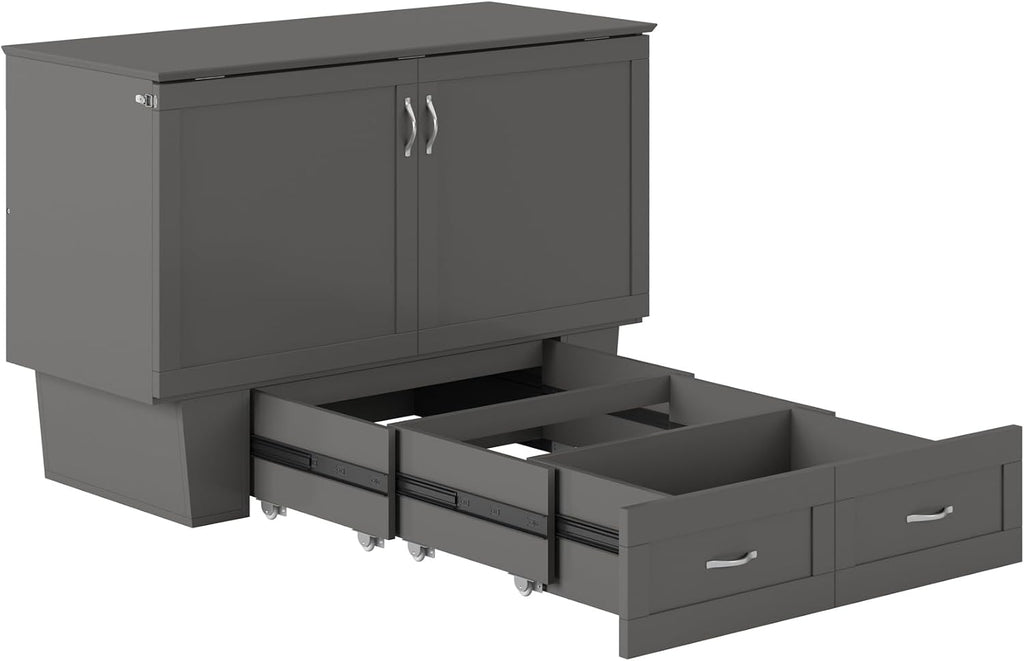 AFI, Monroe Full Murphy Bed Chest with 6' Mattress, Storage Drawer & Built-in USB Charger, Grey