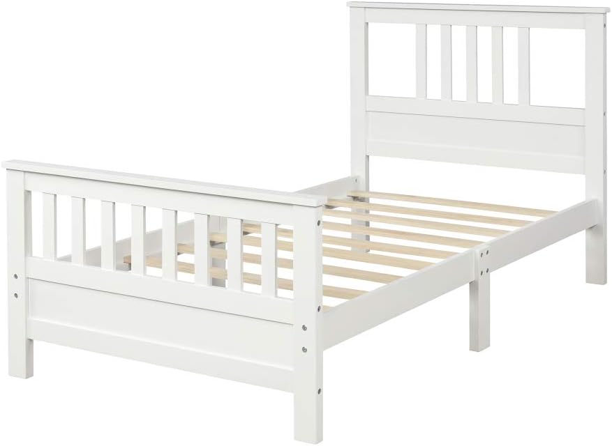 Solid Wood Platform Bed Frame with Integrated Headboard and Footboard for Supportive, Minimalist Bedroom Setup (White + Pine + Twin)