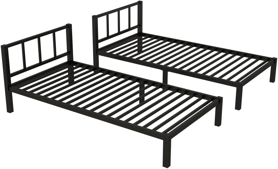 Twin Over Twin & Queen Bunk Bed, with Safety Guardrails,Space-Saving/Noise Reduced,Black (Black + Metal)