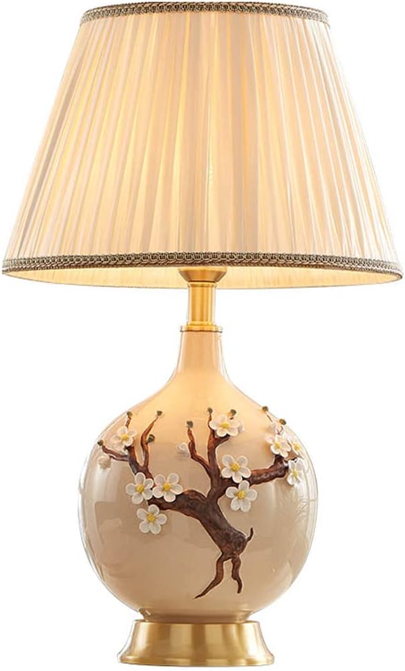 Chinoiserie Ceramic Table Lamp with Brass Base Bedside Desk Nightstand Lamp with Handmade Flower Reading Lamp for Bedroom Living Room Office College Bookcase (61x36cm)