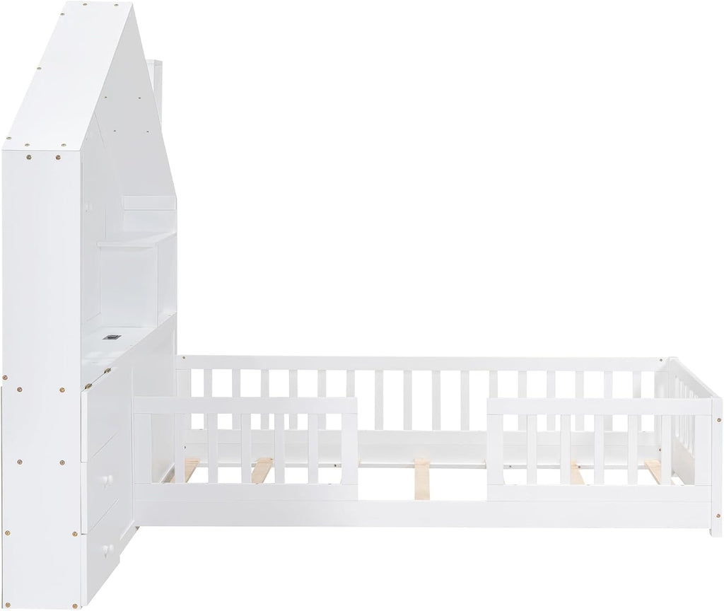 Harper & Bright Designs Twin Platform Bed with Window and Bedside Drawers, Wood Twin Size House Bed with Shelves, a Set of Sockets and USB Port, White