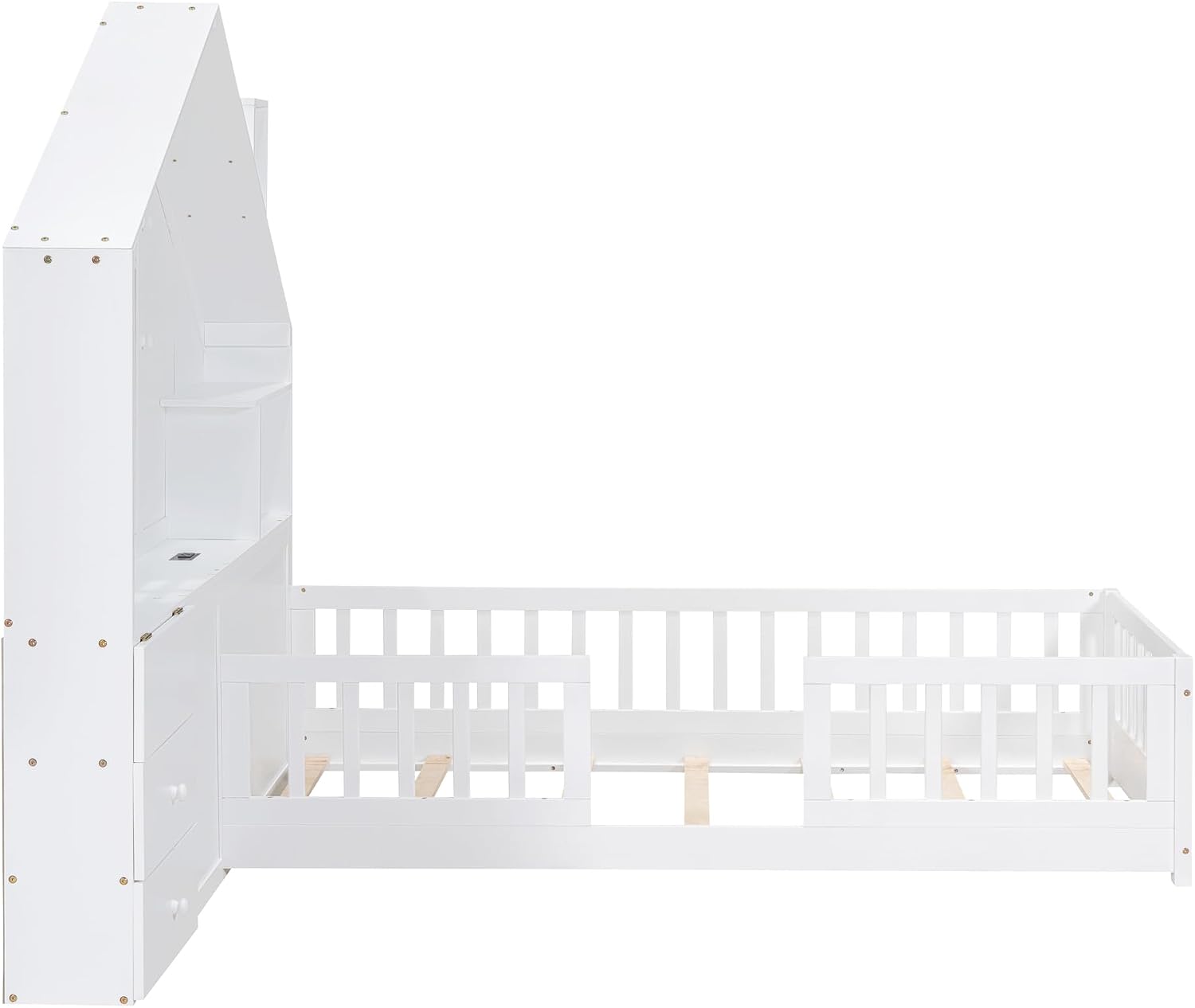 Harper & Bright Designs Twin Platform Bed with Window and Bedside Drawers, Wood Twin Size House Bed with Shelves, a Set of Sockets and USB Port, White
