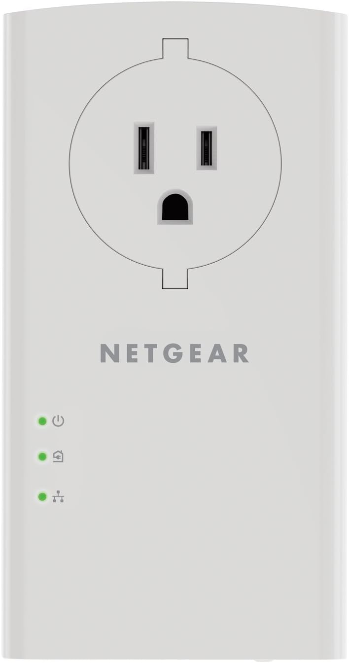 NETGEAR Powerline Adapter Kit, 2000 Mbps Wall-Plug, 2 Gigabit Ethernet Ports with Passthrough + Extra Outlet (PLP2000-100PAS), uses Your existing Internet Service via Household Wiring