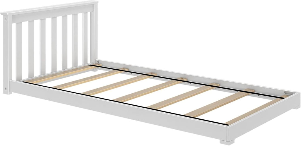 Max & Lily Classic Twin Floor Bed, 79.75 Inches, Solid Wood Low Bed Frame for Kids, Modern Floor Bed for Bedroom, White