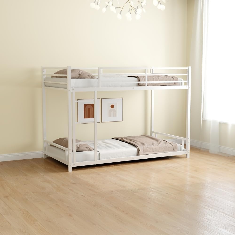 Twin Over Full Metal Bunk Bed, with Ladder & Full-Length Guardrail for Teens Adults, Noise Free (White + Metal + Metal-1)