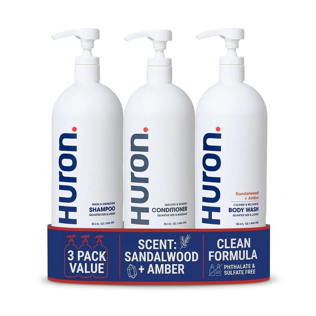 Huron Shower Kit for Men and Women – Shampoo, Conditioner & Body Wash with Sandalwood + Amber Scent, Hydrating, Phthalate-Free, non-toxic Ingredients for Hair & Skin Care, 30.3 fl oz (Pack of 3)