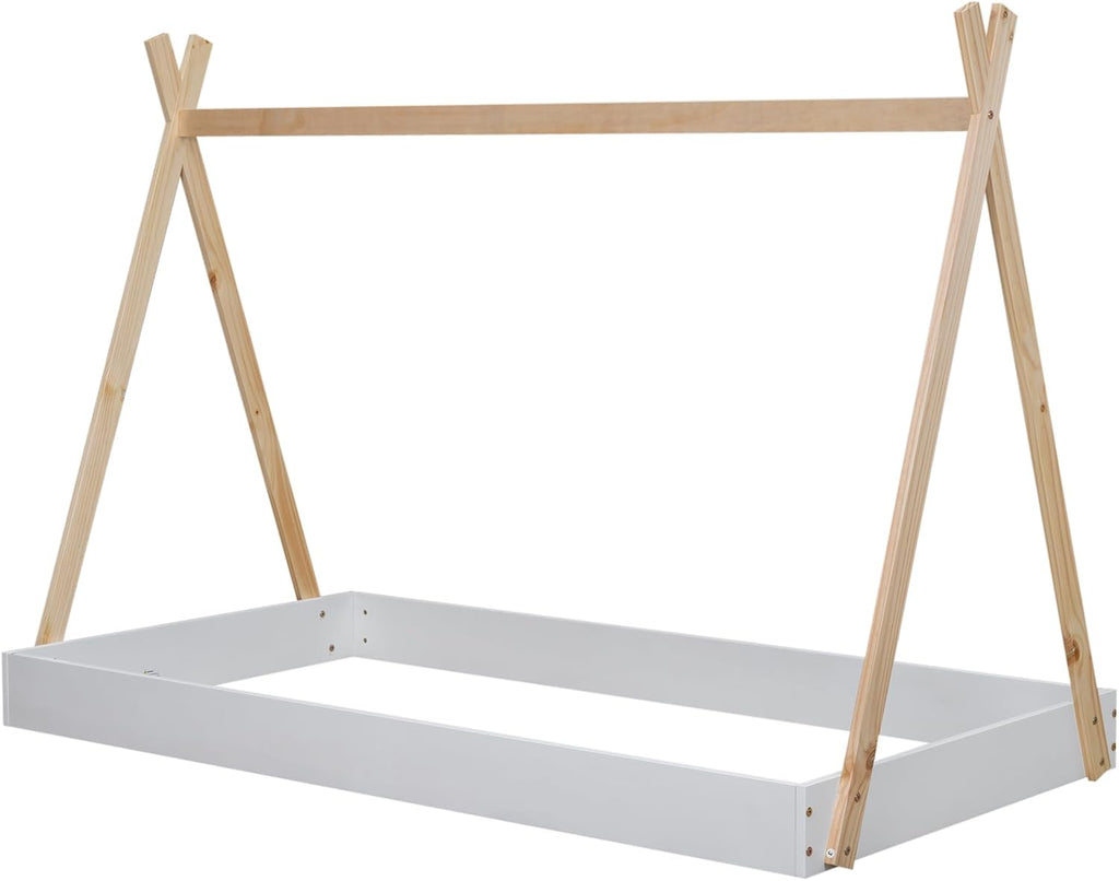 Twin Size Tent Floor Bed with Triangle Structure, Wood Floor Bed Frame, Twin Size Montessori Bed Playhouse House Platform Bed with X-Shaped Safety Railings for Kids Boys Girls (White+Natural & Twin)