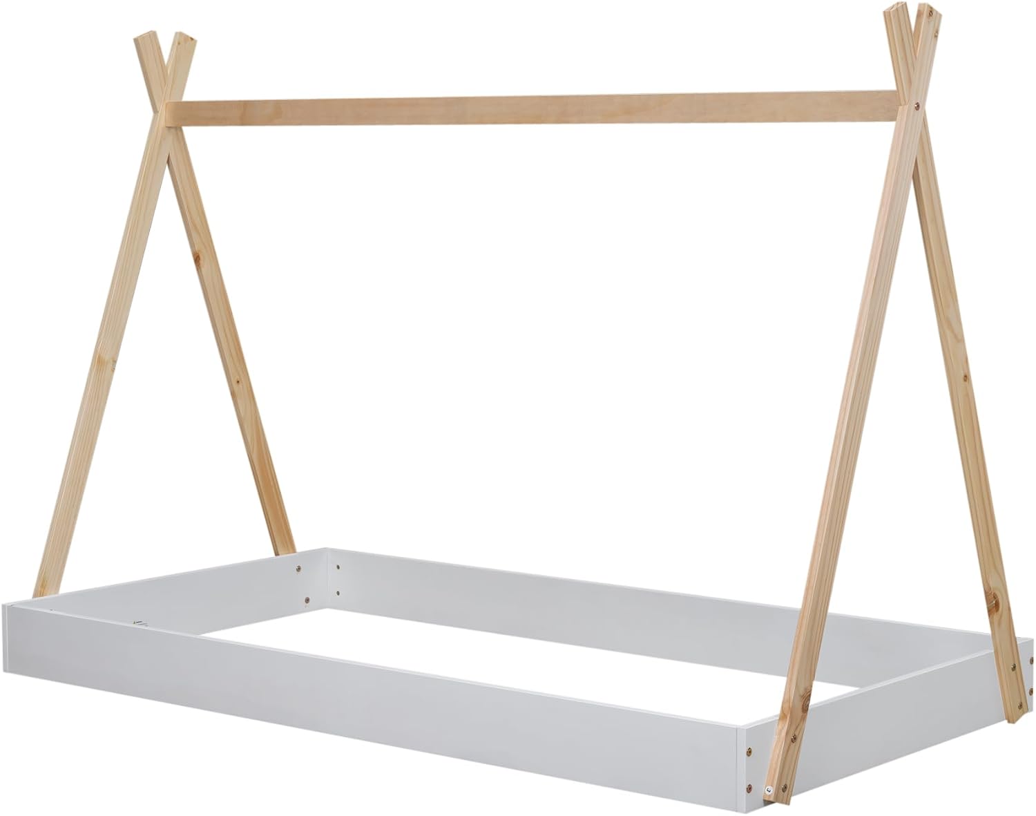 Twin Size Tent Floor Bed with Triangle Structure, Wood Floor Bed Frame, Twin Size Montessori Bed Playhouse House Platform Bed with X-Shaped Safety Railings for Kids Boys Girls (White+Natural & Twin)