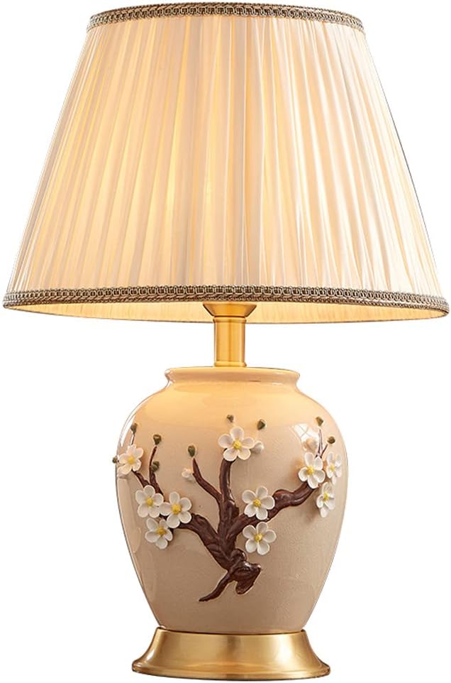 Chinoiserie Ceramic Table Lamp with Brass Base Bedside Desk Nightstand Lamp with Handmade Flower Reading Lamp for Bedroom Living Room Office College Bookcase (56x36cm)