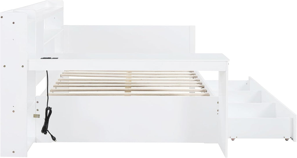 Full Size Daybed with Storage Shelves and Study Desk, Wooden Daybed Sofa Bed Frame with 3 Drawers and USB Ports for Office Living Room Bedroom, Maximize Space (White-22U)