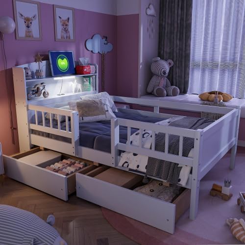 Bellemave Twin Size Kids Platform Bed with Fences and 2 Drawers, Wooden Twin Bed Frame with Storage Headboard and LED Light for Girls Boys, White