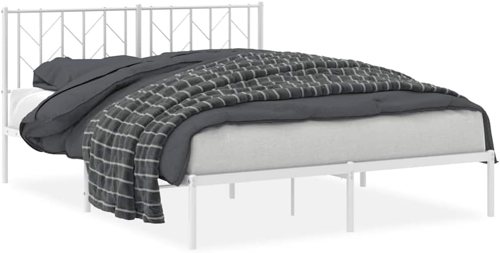King Size Bed Frame with Headboard 59 x 79 Inches Sturdy Metal Steel Platform Bed Frame Elegant White Powder Coated Finish Easy to Clean Modern Bedroom Furniture for Master or Guest Room