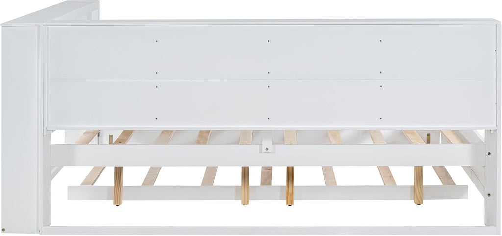 Modern Full Size Daybed with Trundle, Solid Wood Captain Platform Bed with Storage Cabinets and USB Ports, Low Floor Bed for Kids Teens Adult Bedroom, Easy Assembly (White-FF025)