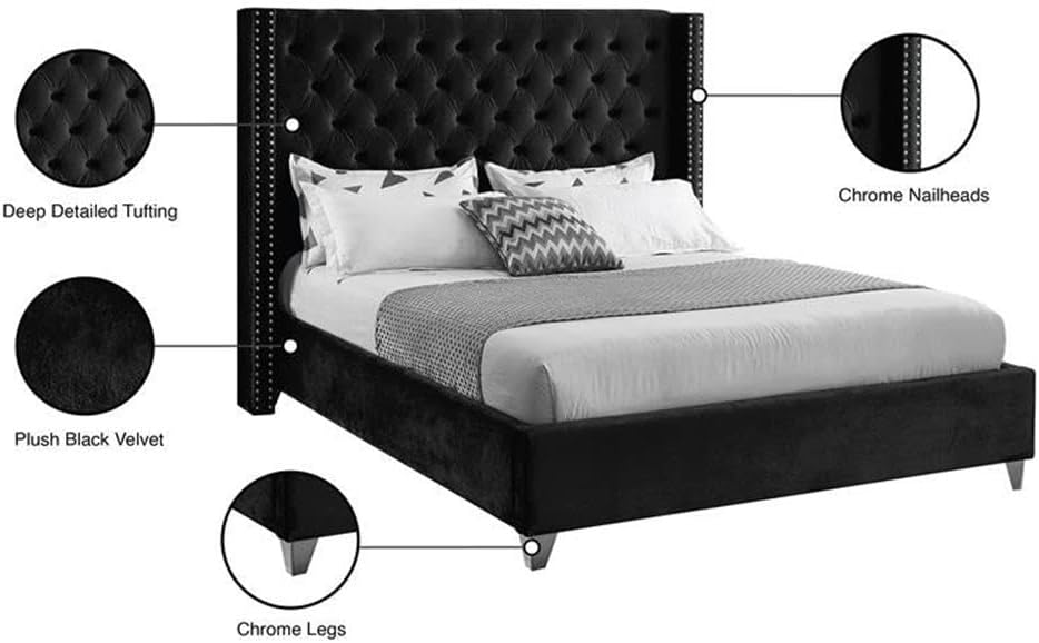 Home Square 2-Piece Set with Velvet Wing Back Full Bed and Ottoman in Black