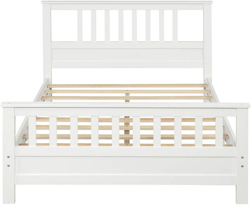 Sturdy Wooden Platform Bed Frame with Integrated Headboard and Footboard for Supportive, Minimalist Bedroom Setup (White + Pine + Full)