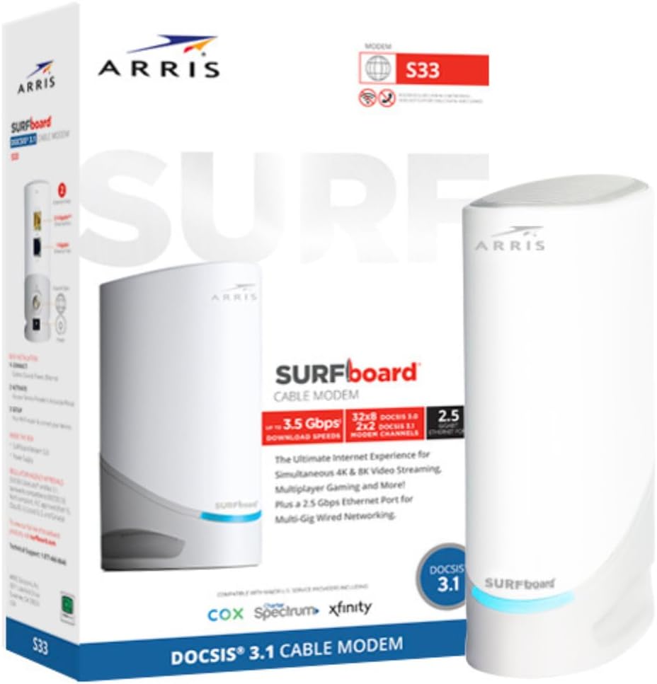 ARRIS SURFboard S33 DOCSIS 3.1 Multi‑Gig Cable Modem | 2.5Gbps + 1Gbps Ethernet Ports | Works with Xfinity, Cox, Spectrum | For Cable Internet Plans up to 2.5Gbps | Modem Only, Router Required
