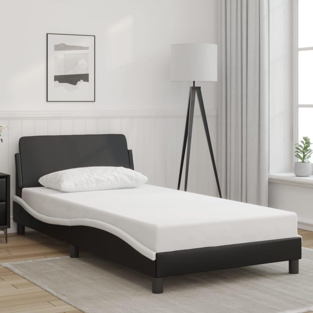 Twin Bed Frame with Headboard 39.4'x74.8' Faux Leather Platform Bed Frame Black and White Modern Upholstered Bedframe for Bedroom