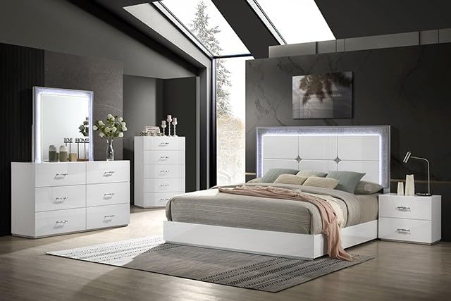 MASARA Bedroom Set, White UV High-Gloss Finish,Available in Queen/King/Twin/Full Size,Platform Bed with 2 Nightstands, Contemporary Style, Engineered Wood (Queen)