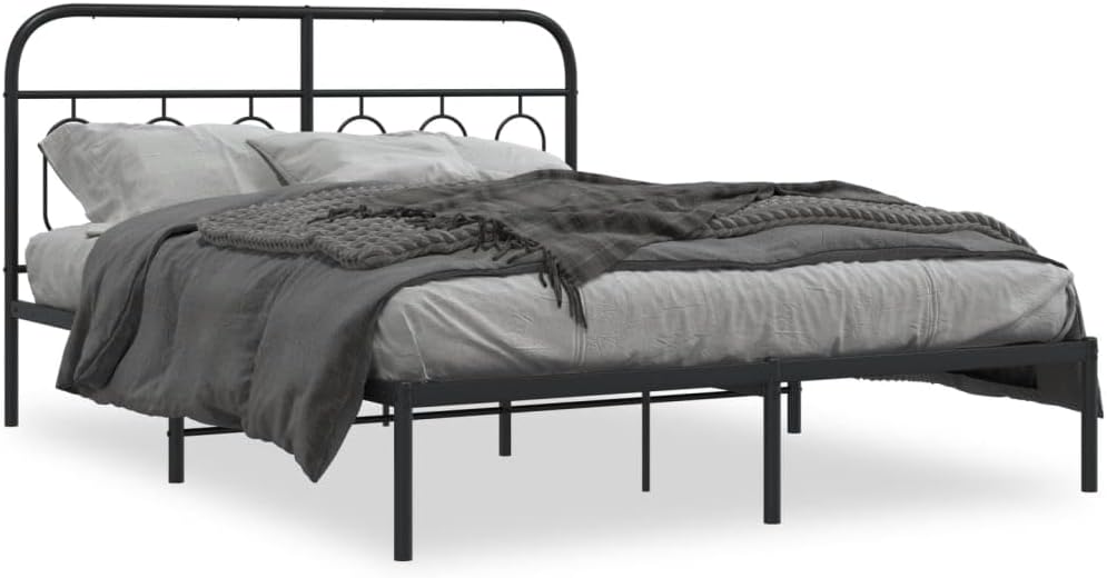 Queen Metal Bed Frame with Steel Headboard Platform Bedframe Black Sturdy Underbed Storage Space No Mattress Included for Bedroom Furniture