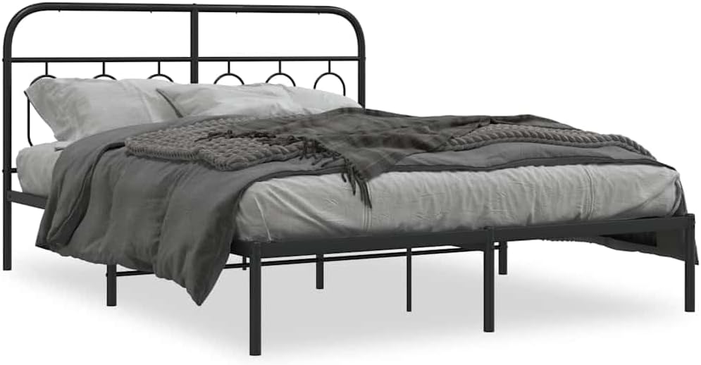 Modern Black Steel King Size Bed Frame 59x79 Inches with Solid Headboard, Sturdy Rectangular Metal Bed Frame for Bedroom, Durable Powder-Coated Finish, Heavy Duty Support up