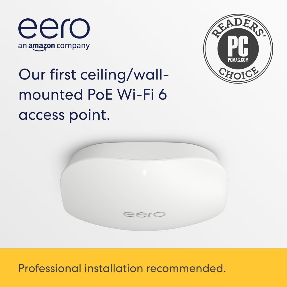 Amazon eero PoE 6 - Ceiling/wall-mountable, Dual-band Wi-Fi 6 access point, PoE powered, AC adapter not included