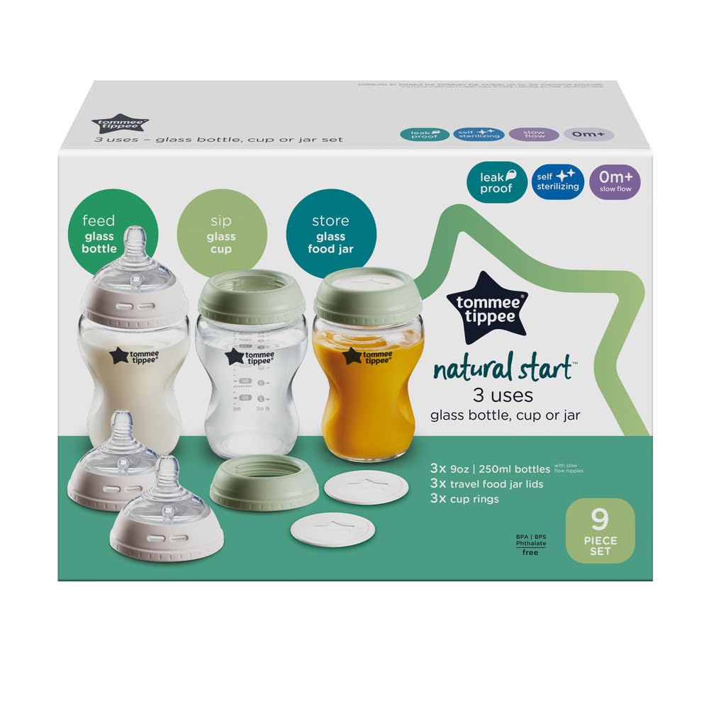 Tommee Tippee Natural Start 9oz Glass Baby Bottles, Self Sterilizing, BPA & Phthalates Free, 0+ Months, Slow Flow Breast-Like Nipple for a Natural Latch, Travel Jar, Cup Rings, (Pack of 54)