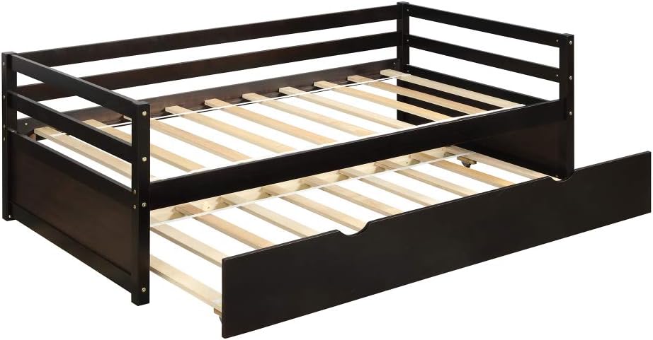 Twin Daybed with Trundle Frame Set in White, Solid Pine Wood Construction for Kids Room or Guest Bedroom (Espresso + Pine + Bedroom)