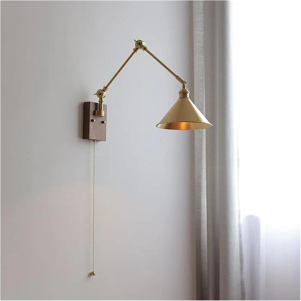 Wall Sconces, Pull Chain Switch LED Wall Light Fixtures Copper Long Arm Walnut Home Indoor Lighting Nordic Modern Wandlamp Luminaria(A)