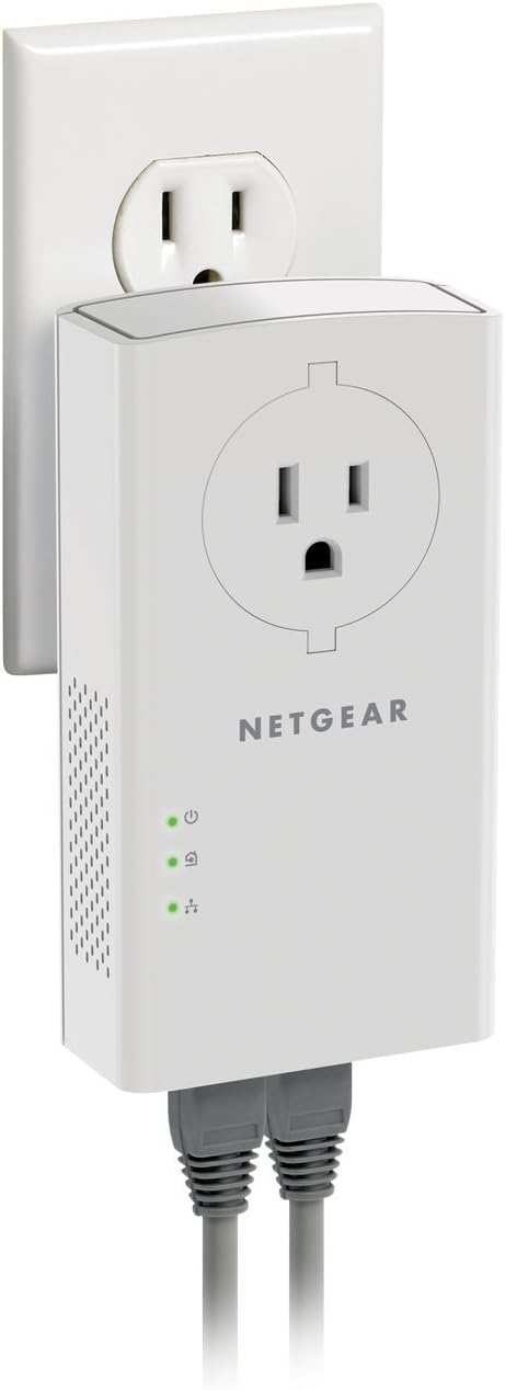 NETGEAR Powerline Adapter Kit, 2000 Mbps Wall-Plug, 2 Gigabit Ethernet Ports with Passthrough + Extra Outlet (PLP2000-100PAS), uses Your existing Internet Service via Household Wiring