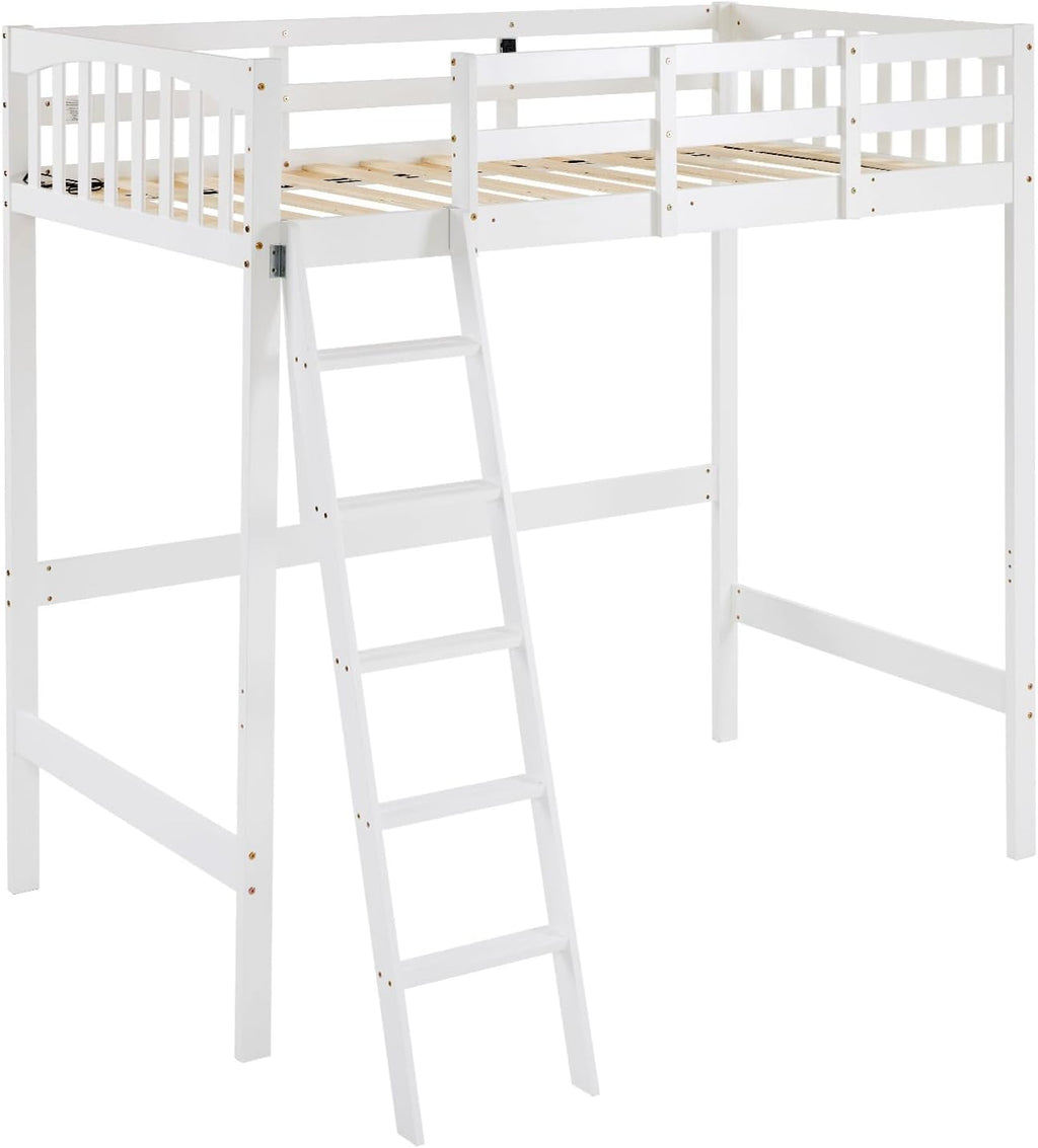 VINGLI Loft Bed Twin Size with USB Charging Station/LED, Solid Wood Single Loft Bunk Bed with Flat Rungs for Kids/Teens/Adults, 15 inches High Guardrail,Wood Slat Support No Box Spring Needed, White