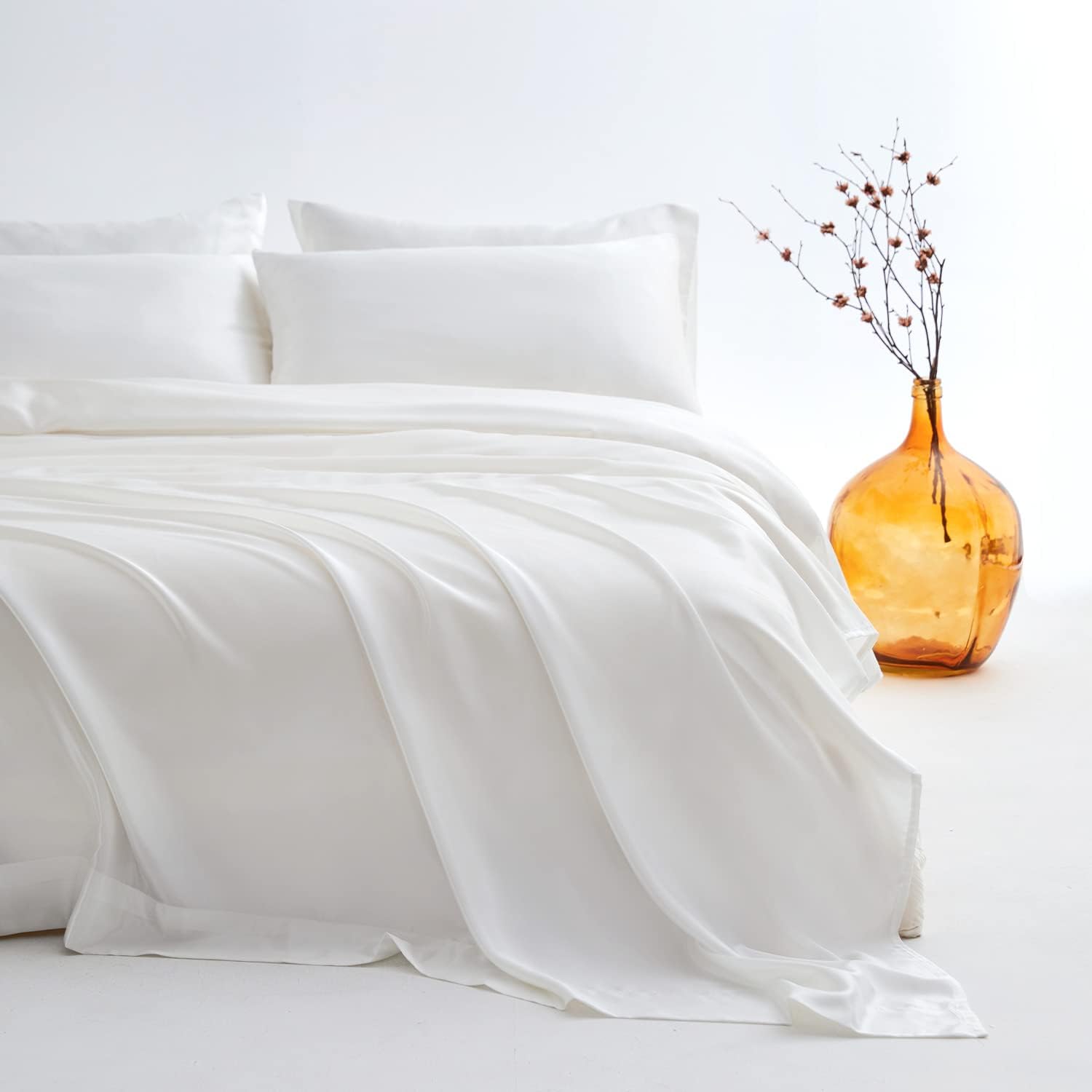 Twin XL Size 4-Piece Sheet Set Premium Mulberry Silk Bed Sheets Set Fits 14-16' Deep Pocket - Luxurious Soft Silk (Solid, Ivory)