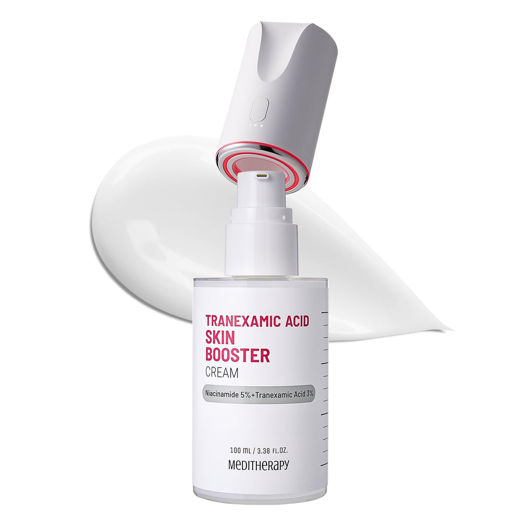 MEDITHERAPY Tranexamic Acid Skin Booster Cream with Device + Arbutin Skin Booster Serum - Korean Face Moisturizer 3% TXA, 2% Arbutin - At Home Face Massager Tool for Radiant Glow and Even Skin Tone