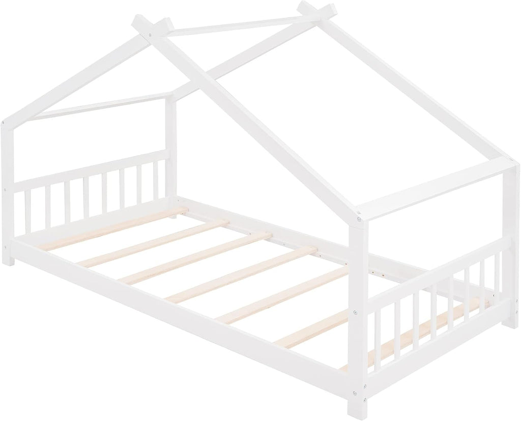 JIVOIT Twin Size Wood House Bed, Solid Wood Tent Bed Canopy Bed Frame with Roof Design, Twin Floor Bed with Wood Slats Support, No Box Spring Needed(White-Twin-Pinewood)