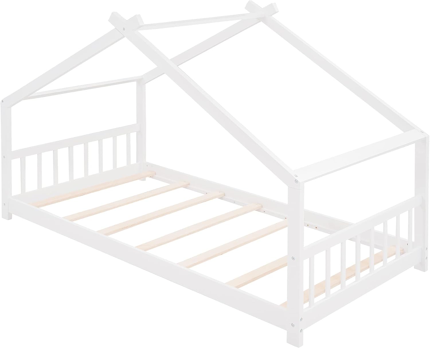 JIVOIT Twin Size Wood House Bed, Solid Wood Tent Bed Canopy Bed Frame with Roof Design, Twin Floor Bed with Wood Slats Support, No Box Spring Needed(White-Twin-Pinewood)