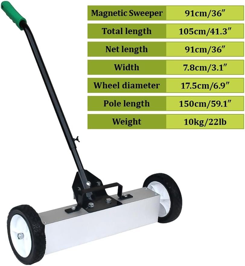 Rolling Magnetic Sweeper Push-Type Magnetic Pick Up Sweeper with Wheels Large Durable Magnet Pickup Lawn Sweeper Length-adjustable Handle Easy Cleanup Tool for Garage Construction Yard (36inch)