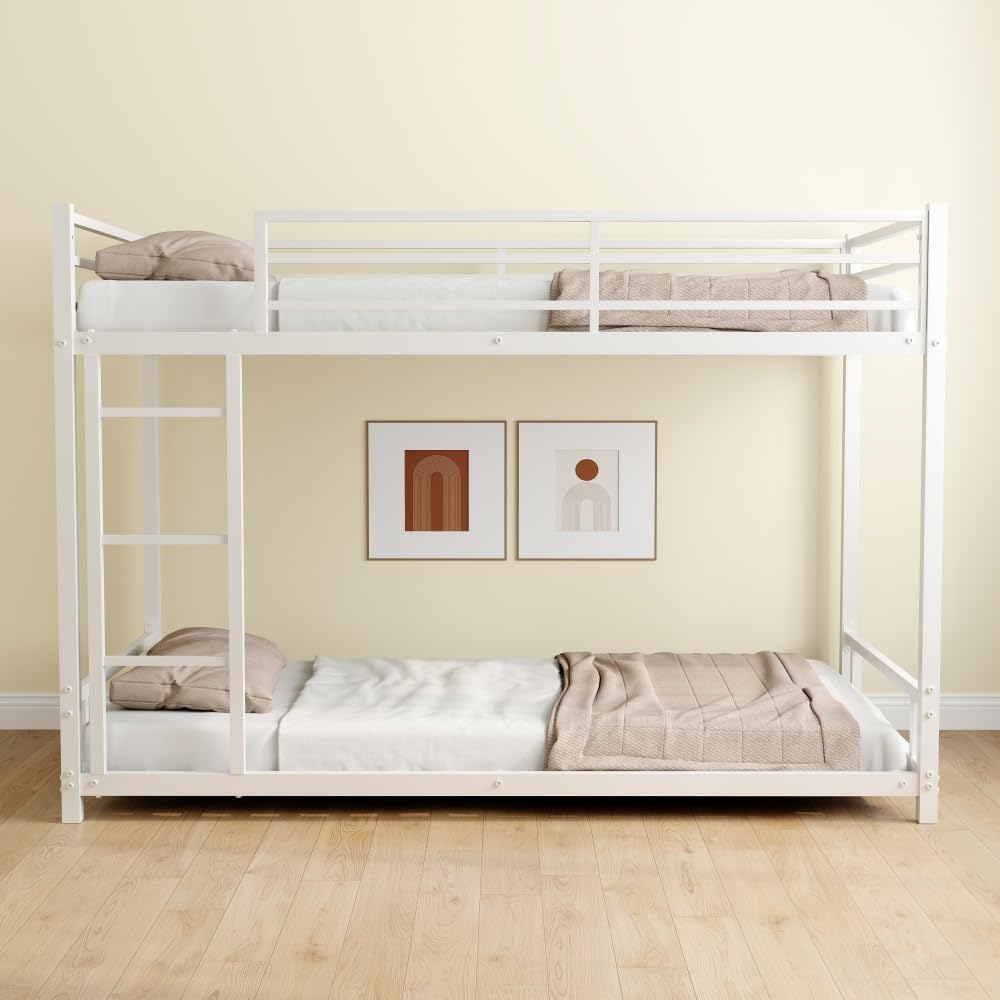 Twin Over Full Metal Bunk Bed, with Ladder & Full-Length Guardrail for Teens Adults, Noise Free (White + Metal + Metal-1)