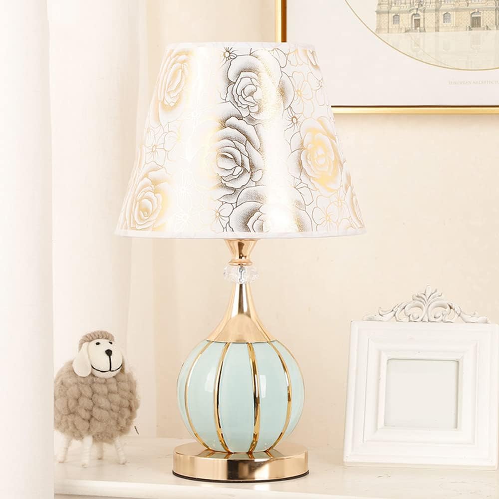 Nordic 17' Ceramic Nightstand Lamp Table Lamp with Fabric Shade Bedside Desk Lamp Reading Lamp for Bedroom Living Room Office College Bookcase,White/Green