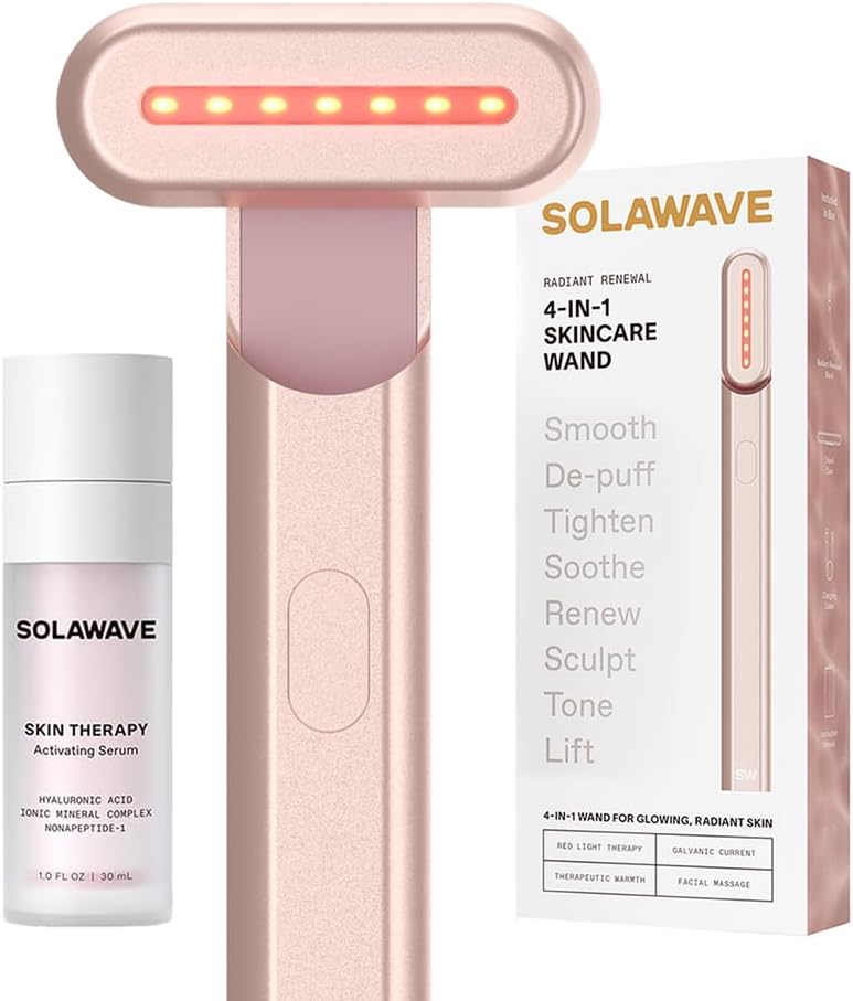 Solawave 4-in-1 Red Light Therapy Wand + Activating Serum | LED Skincare Device for Face & Neck | Facial Tool with Galvanic Current, Massage & Therapeutic Warmth | Reduces Appearance of Fine Lines