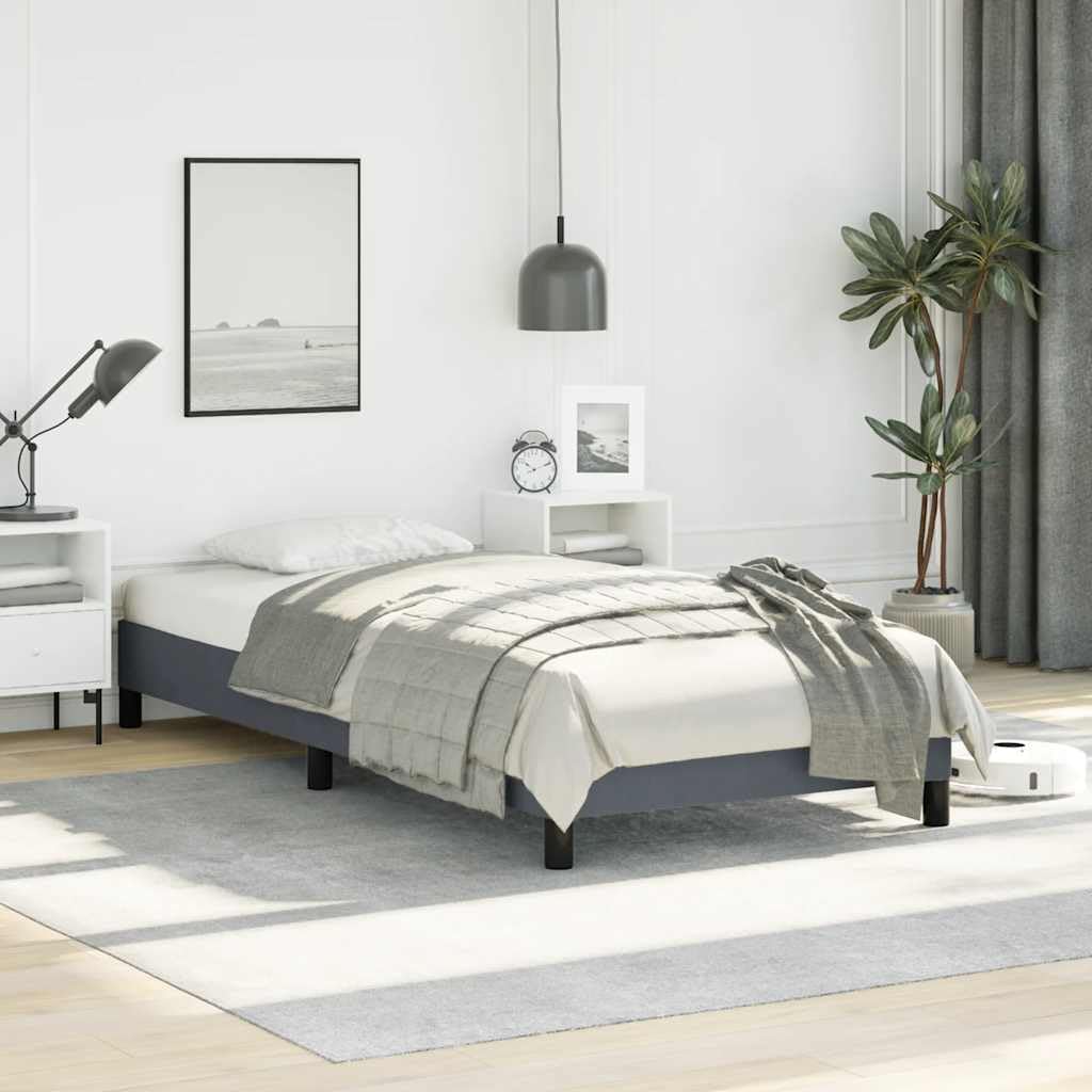 Modern Velvet Twin Bed Frame with Upholstered Headboard Dark Gray Fabric Platform Bed Sturdy Engineered Wood Structure for Bedroom Guest Room Kids Room