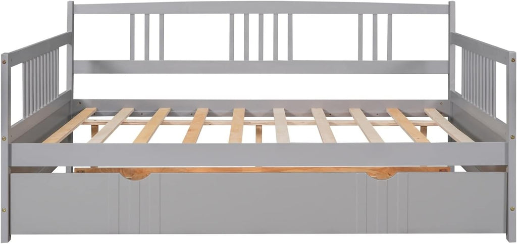 Full Trundle Bed, Bed for Men Grey Solid Wood Bohemian Sofa Bed with Metal Slats Daybed for Teen Adult Bedroom Living Room
