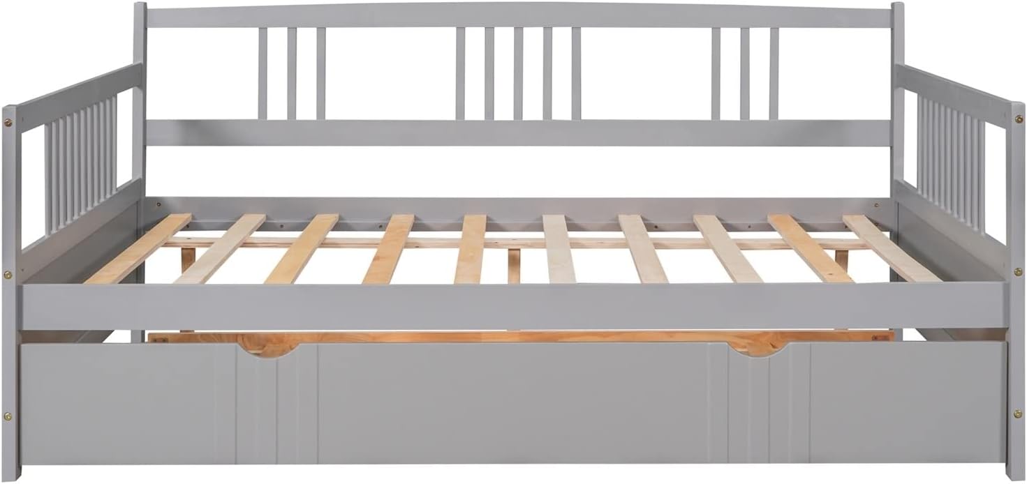 Full Trundle Bed, Bed for Men Grey Solid Wood Bohemian Sofa Bed with Metal Slats Daybed for Teen Adult Bedroom Living Room