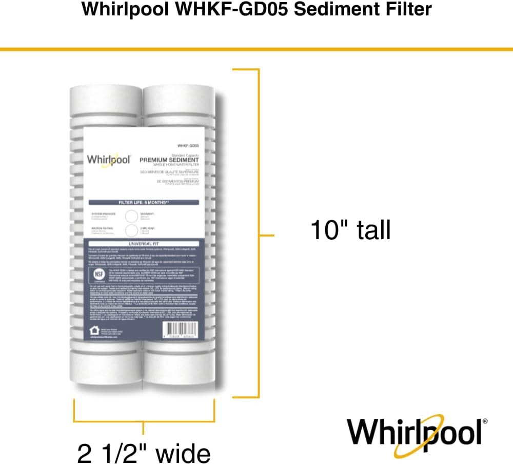 Whirlpool 10' x 2.5' Whole House Sediment Water Filters. WHKF-GD05 Grooved Filter, 5 Micron, NSF Certified Reduces Sand, Soil, Silt & Rust for Standard Filter Housings, 24-Pack