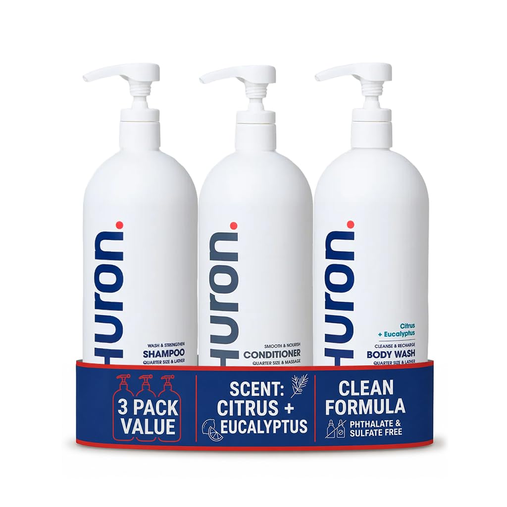 Huron Shower Kit for Men and Women – Shampoo, Conditioner & Body Wash with Citrus + Eucalyptus Scent, Hydrating, Phthalate-Free, non-toxic Ingredients for Hair & Skin Care, 30.3 fl oz (Pack of 3)