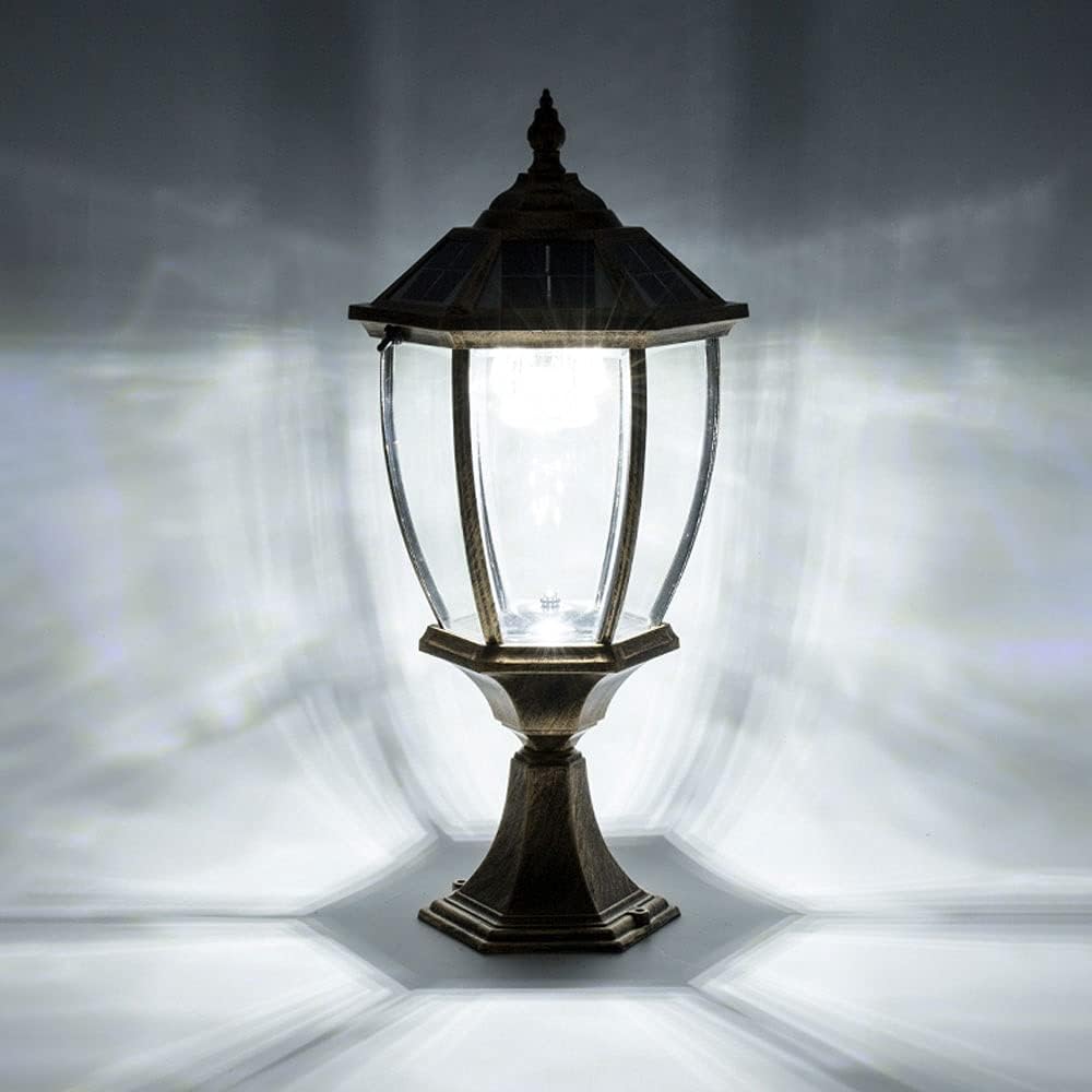 LED Solar Post Pillar Lantern Vintage Outdoor, Classic Glass Shade Aluminum Exterior Column Lamp, IP65 Bollard Lamps Outdoor Pedestal Lights Garden Landscape Lawn Lantern (Color : Brown-6000K)