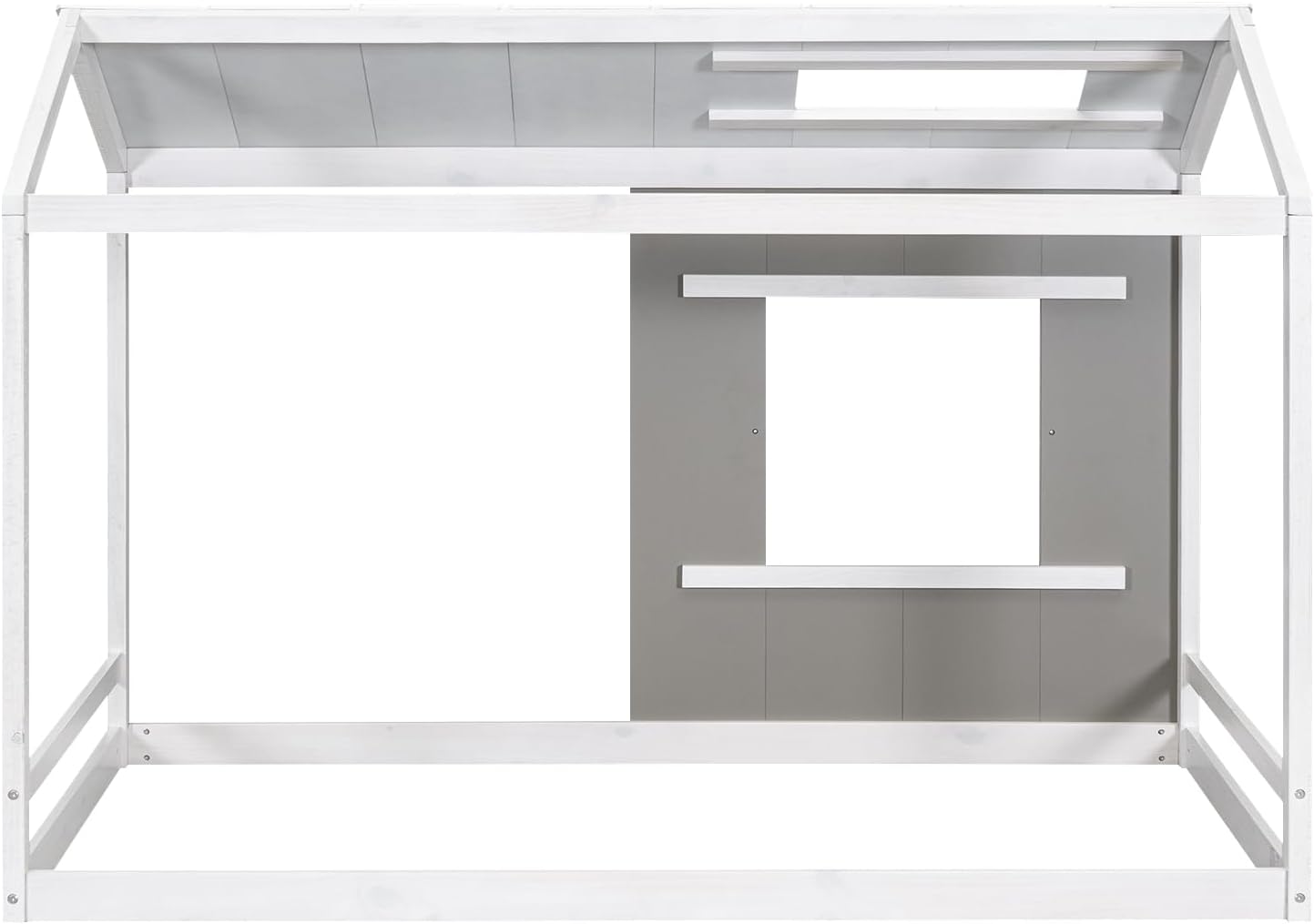 JIVOIT House Platform Bed with Roof and Window, Twin Size Kids House Bed Wood Bed Frame, Low Floor Bed for Toddler Kids Teens Boys Girls (Antique Grey+Antique White)
