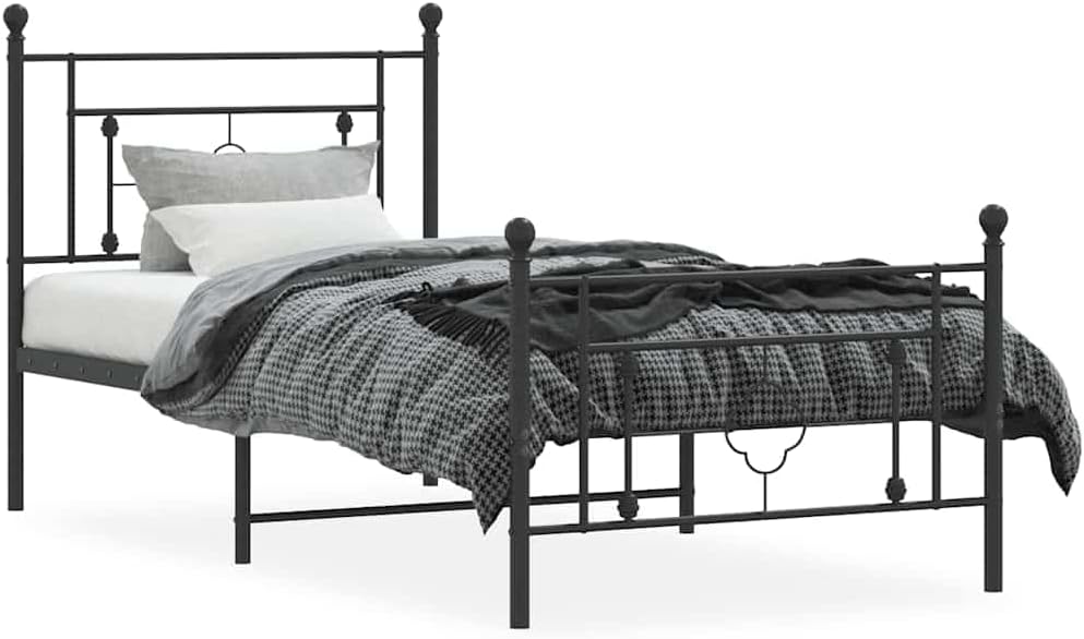Metal Bed Frame with Footboard Black 39.4'x78.7' Queen/Twin Size Platform Bed Frame Sturdy Steel Construction Underbed Storage Space for Bedroom Guest Room
