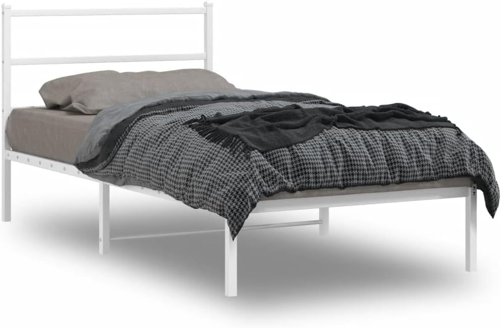 White Metal Bed Frame with Headboard Twin Size Modern Design Sturdy Powder Coated Steel Platform Bed Frame for Bedroom Guest Room